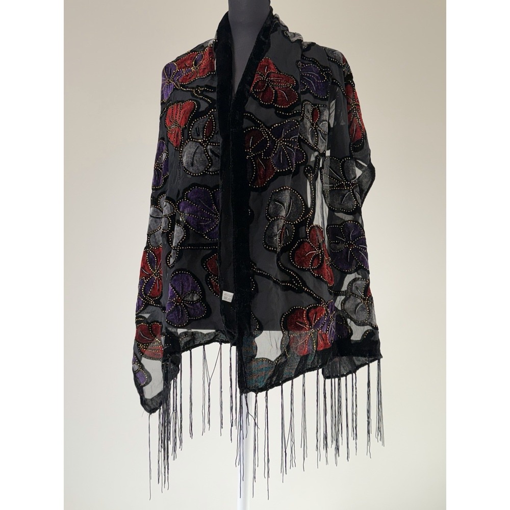 Vintage Silk Viscose Velvet Burnout Floral Scarf Shawl Black Purple Red Fringe
